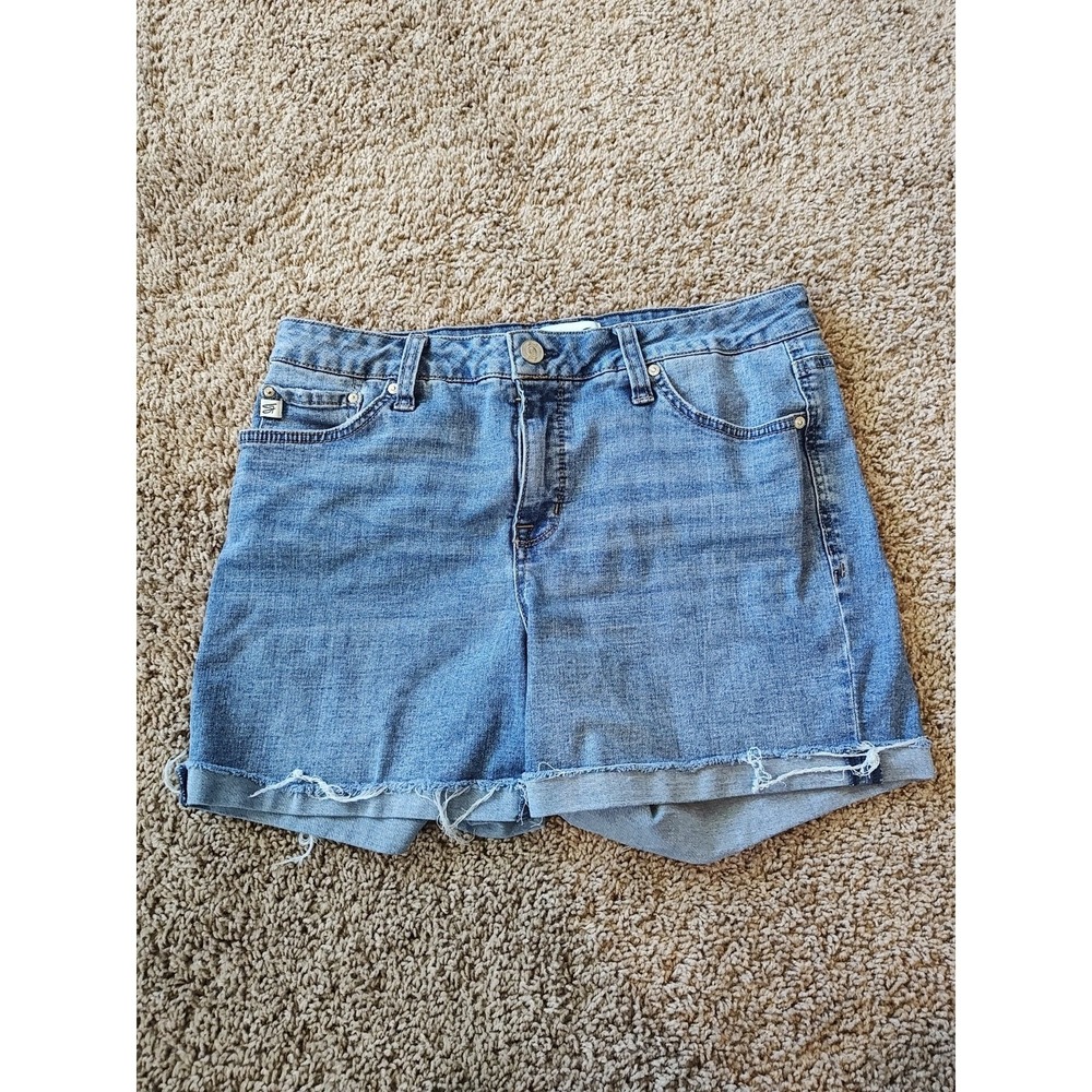 Seven7 Womens Medium Wash Frayed Raw Hem Denim Jean Shorts Mid Rise Blue
